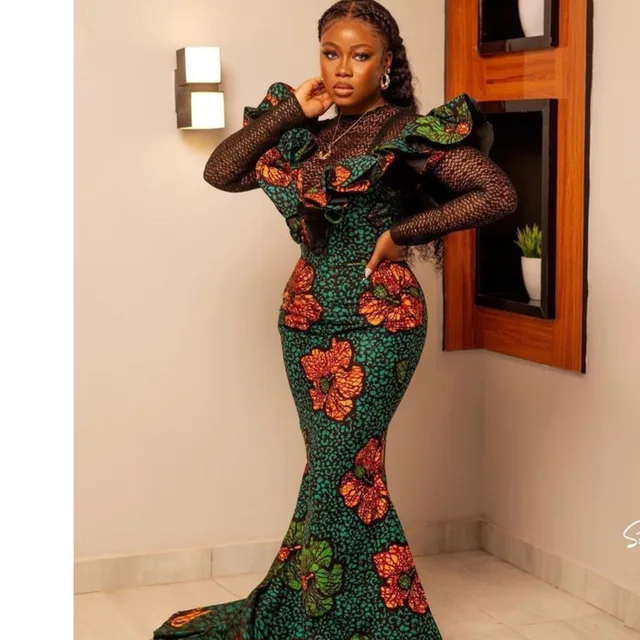 Pere Lace Sleeve Print Long Fishtail Dress