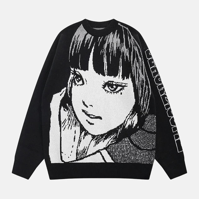A anime drawing of a girl in a black sweater