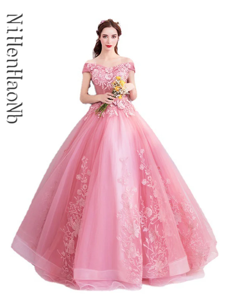

2023 вышитое бисером Цветочное платье Quinceanera милое 16 платье бальное платье на день рождения с открытыми плечами розовое Vestidos De 15 лет