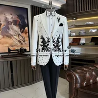 Elegant Black Embroidered Pearls Suits Men For Wedding Tailored Made Single Breasted Jacket Pants 2 Pieces Set Groom Man Tuxedo 2