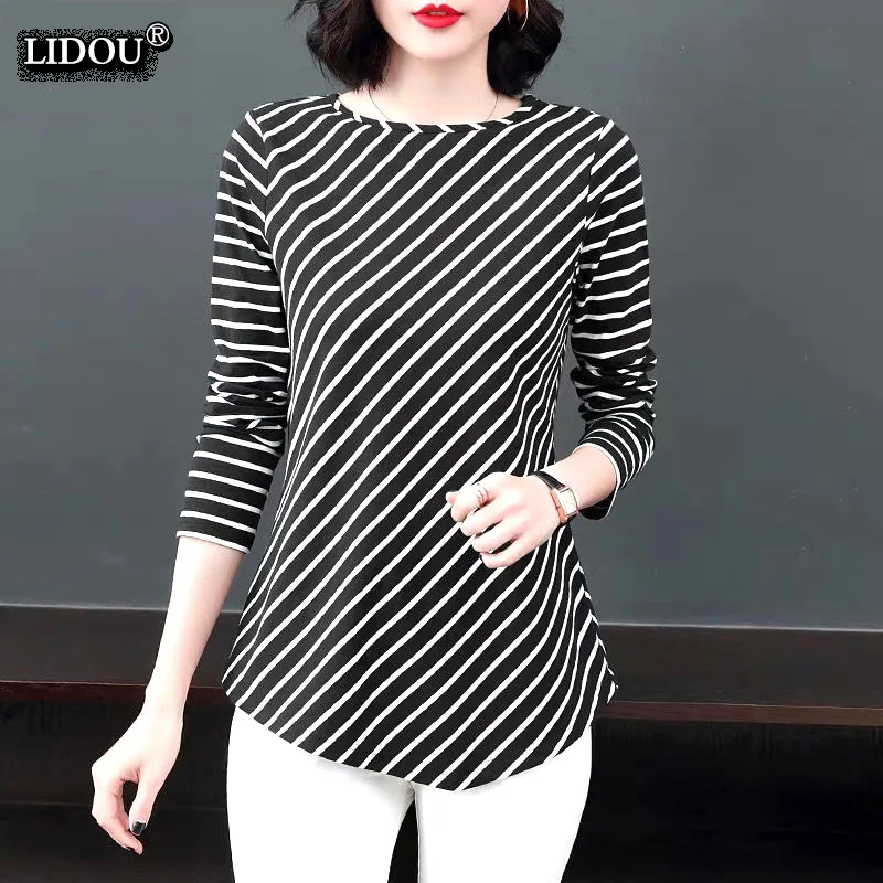 Women Autumn Casual Stripe O Neck Cotton Shirt main image 0