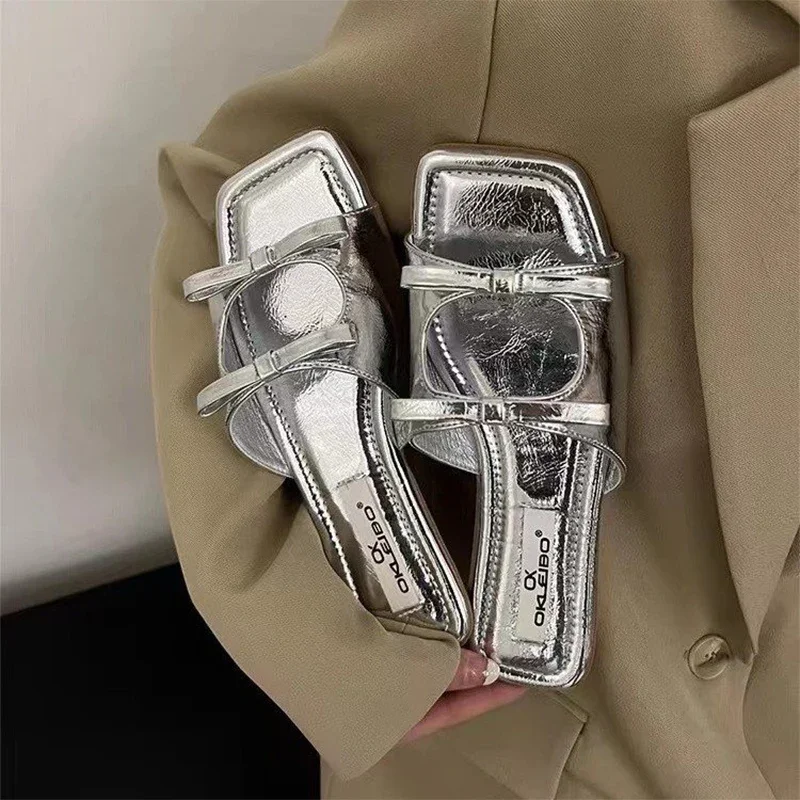 

Шлепанцы женские с квадратным носком, сандалии с бантом, плоская подошва, открытый носок, сланцы, летняя обувь, 2024