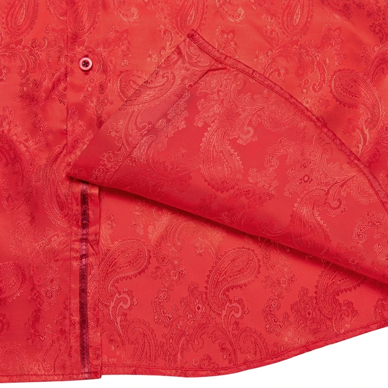 Luxury Men's Long Sleeve Shirts Fashion Red Paisley Slim Fit Silk Male Social Business Wedding Party Tuxedo Shirt Men Clothing