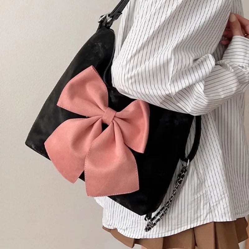 Xiuya Pink Bow Womens Shoulder Bag Korean Style Fashion Large Capacity Sweet Backpack Cute Exquisite Elegant New Female Tote Bag