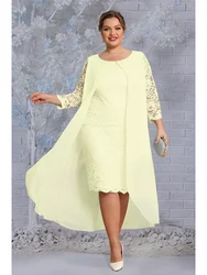 Plus Size Women's Dress Two Piece Set Solid Chiffon Lace 3/4 Sleeve Casual Office Midi Dress Women's Dress Set