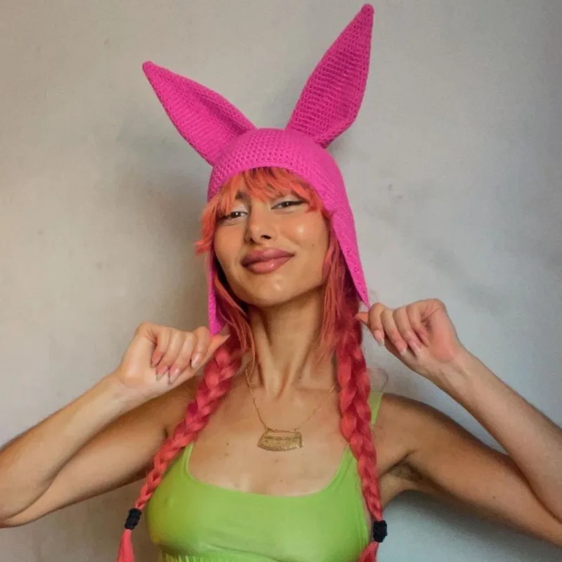 New Pink Rabbit Ear Beanies Women Louise Belcher Whimsical