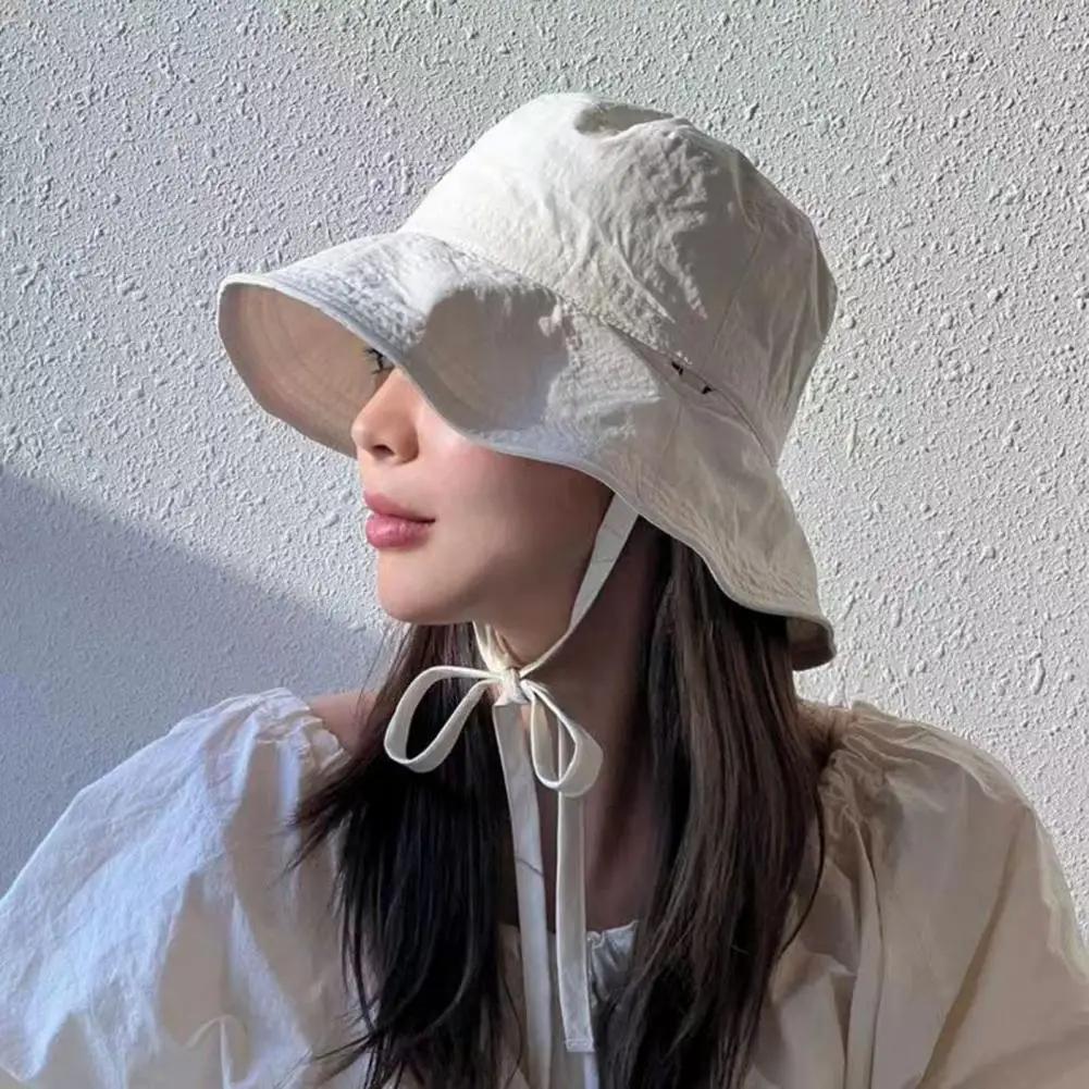 

Women Fisherman Hat Windproof Fixed Strap Wide Brim Lady Bucket Hat Solid Color Sunshade Anti-UV Flat Top Foldable Summer Cap