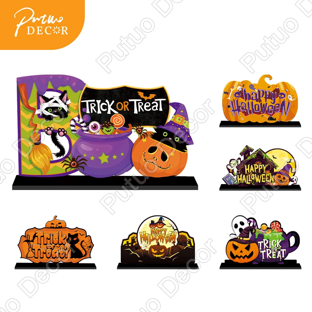 Happy Halloween Decorations Centerpieces Trick or Treat Wood Table Sign