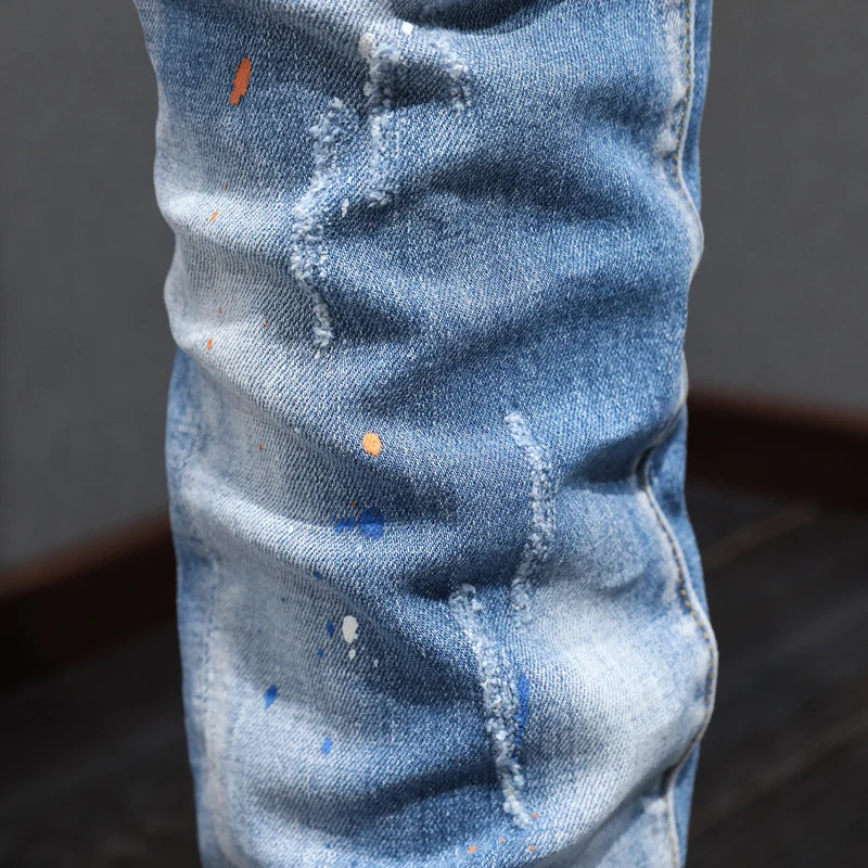 High Street Fashion Men's Patched Jeans Vintage Light Blue Elastic Tight Split Jeans Men's Designer Vintage Denim Pants Hombre