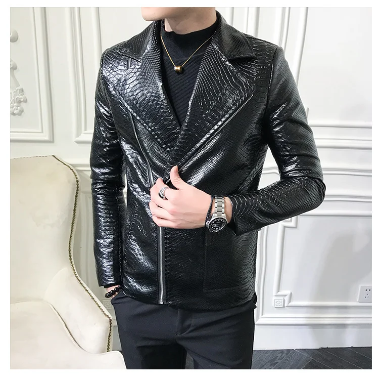 Casual Snake Leather Jacket Coat Men Autumn Design Biker Solid Color PU Leather Jackets Men British Style Men Motorcycle Vintage blue leather jacket mens