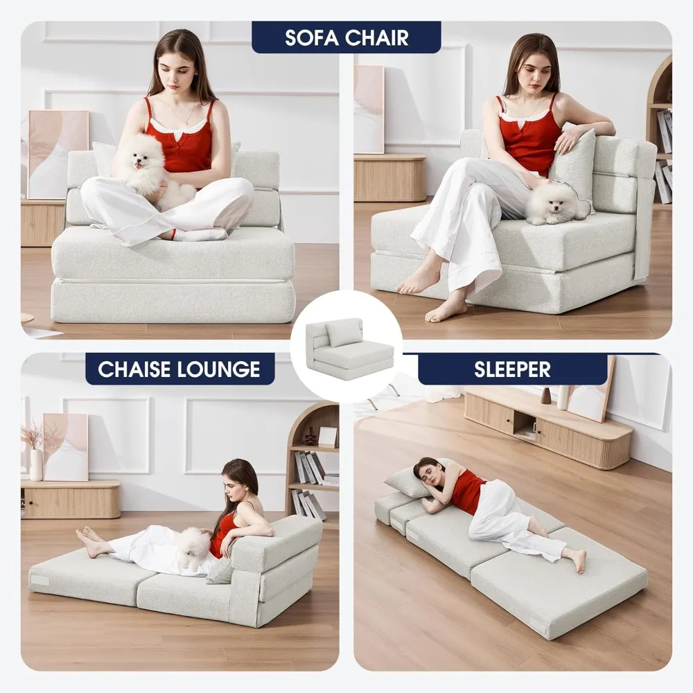 4 in 1 foldable sofa bed, modern folding sleep chair with back cushion, convertible chair sleeper, beige