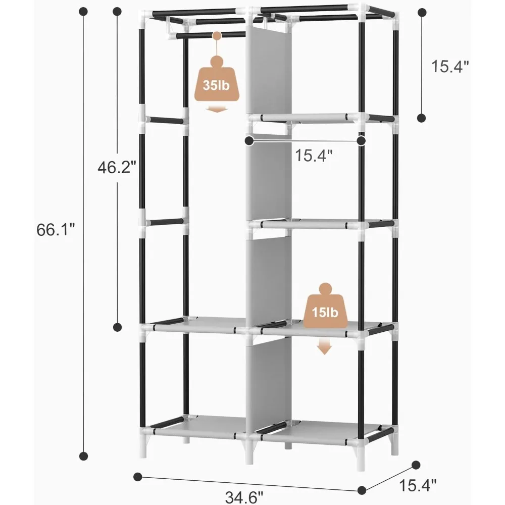 Portable Closet Wardrobe Closet for Hanging Clothes with 6 Storage Shelves, 1 Hanging Rod and 4 Pockets, Free Standing Closet C 3