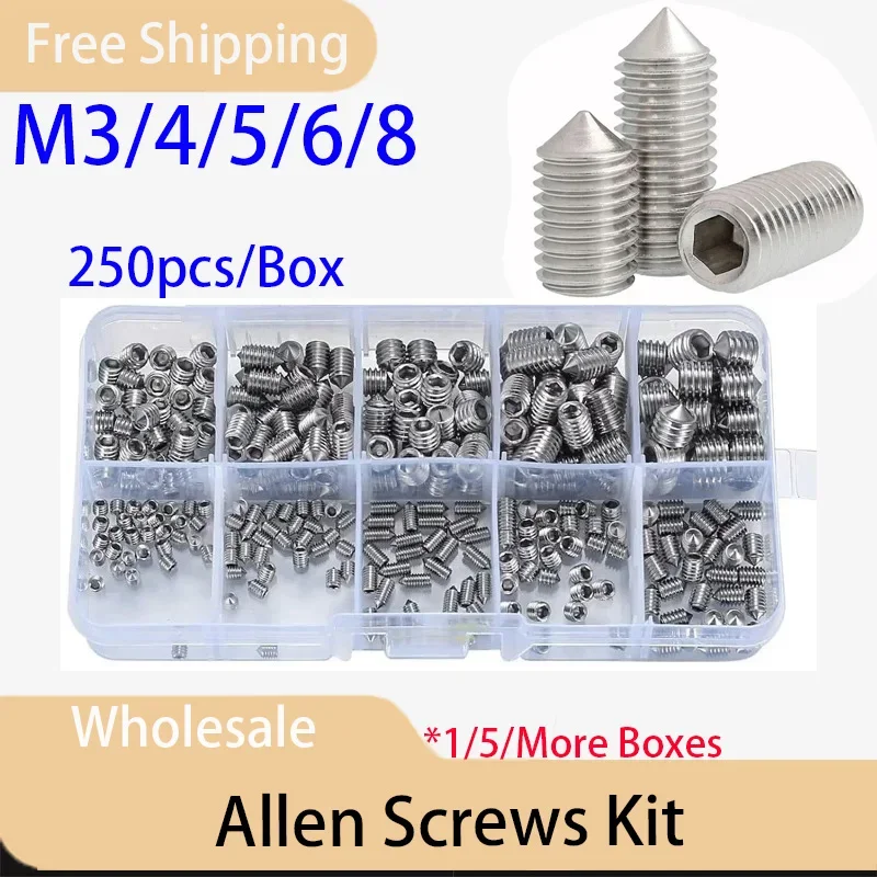 

250pcs/Box 304 Allen Screws Hex Hexagon Socket Set Screw Cone Point Grub Screw Tapered End Headless Bolt M3 M4 M5 M6 M8