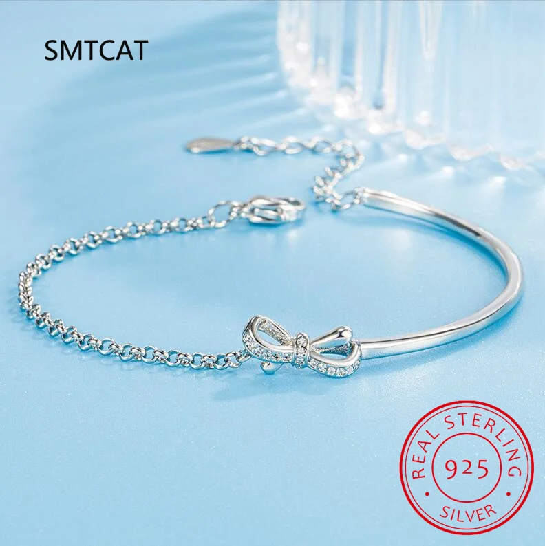 Real 925 Sterling Silver Bowknot Bracelet for Women Shiny Zircon
