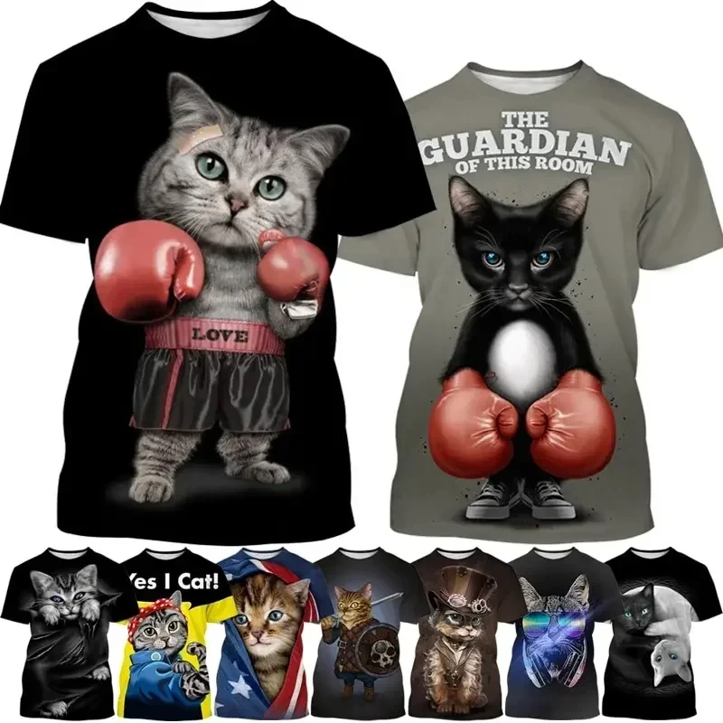 Pet Cat Funny Boxing Cat T-Shirt Stampata In 3D Coppia Di Uomini E Donne Extra Large Casual Fashion Street Manica Corta Per Bambini