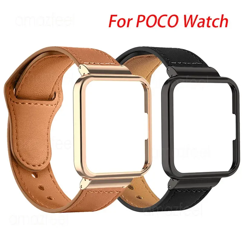 Premium Leather Watch Strap with Metal Case for Smart Watches - Elegant Bracelet & Protective Shell Cover