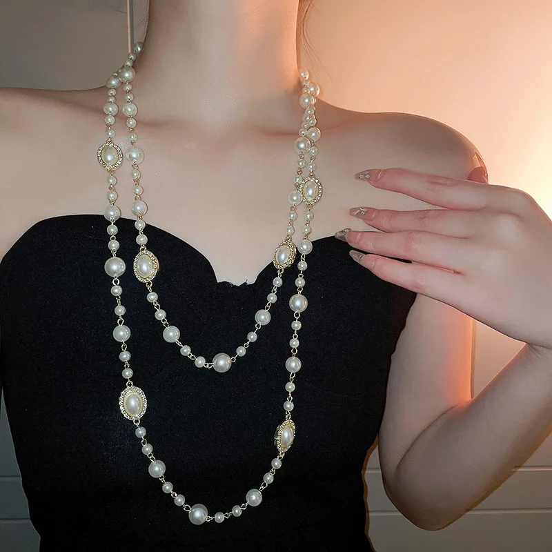 

Double Layer Oval Round Simulated Pearl Jewelry Long Necklace Women Classic Vintage Chain Necklace & Pendant Good Gift