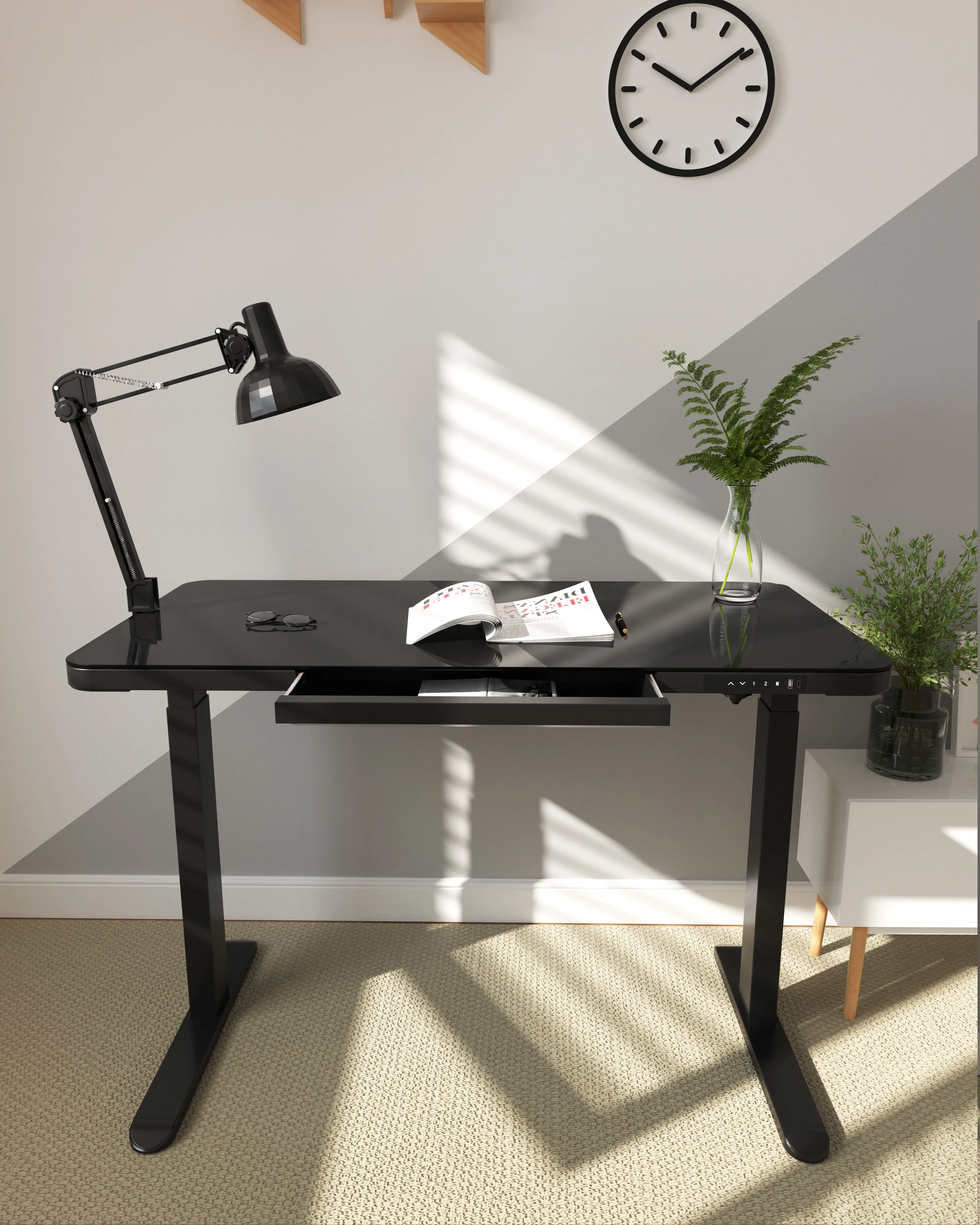 Scrivania Ergonomica Bianca Regolabile in Altezza con Motore Elettrico Singolo, Tavolo da Ufficio Smart Sit-Stand in Vetro - immagine 3