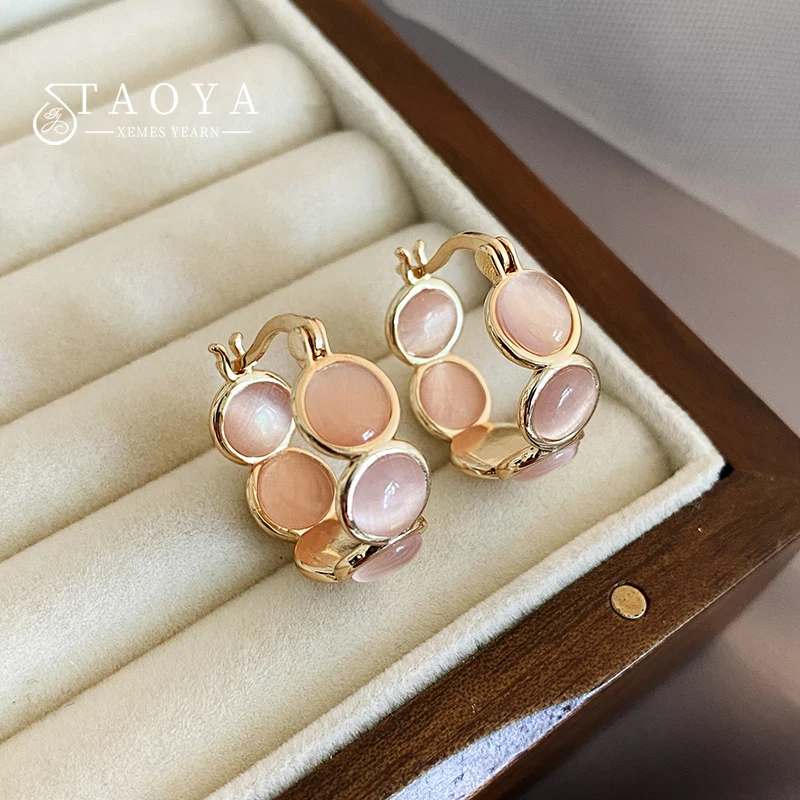 Süße Mädchen-Creolen mit rosa runden Opalen, 2025, neuer Design-Schmuck, luxuriöse Accessoires, geeignet für Damen-Ohrringe für den täglichen Gebrauch