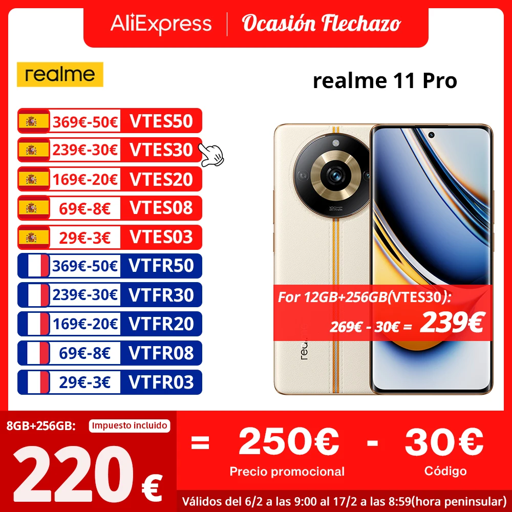 Rom Globale Realme 11 Pro 5G 6,7" 120Hz Curved Vision Display 100Mp Ois Prolight Camera Dimensity 7050 67W Supervooc Charge