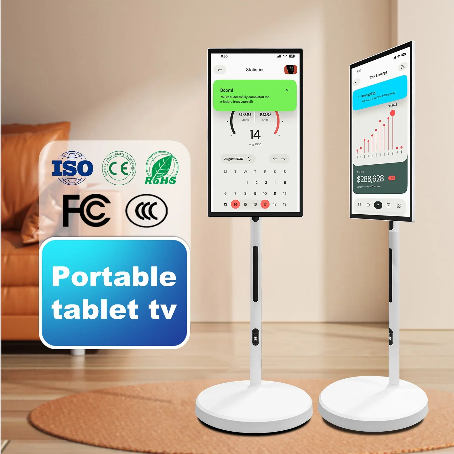 Vertical Display 27 32 Inch Portable Mobile Tv 5 or 9h Battery Life Interactive Touch Screen Tv Smart Television with Wheels