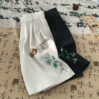 Trendy 2025 Summer Thin Casual Shorts Leaves Embroidered Knee Length Pants Elastic Waist Loose Fit Five Minute Pants 2