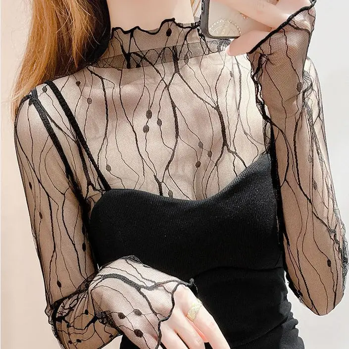 

Sexy Black White Line Lace See-through T Shirts Women Transparent Mesh Bottoming Shirts Tops Tunic Long Sleeve Turtleneck Blouse