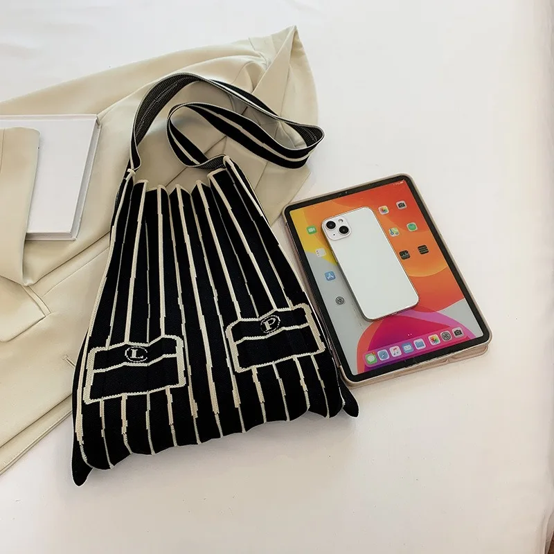 Knitted Shoulder Bag 2023 New Korean Style Simple Fashion Striped Plaid Mixed Colors Large Capacity Storage Bag Casual All-match