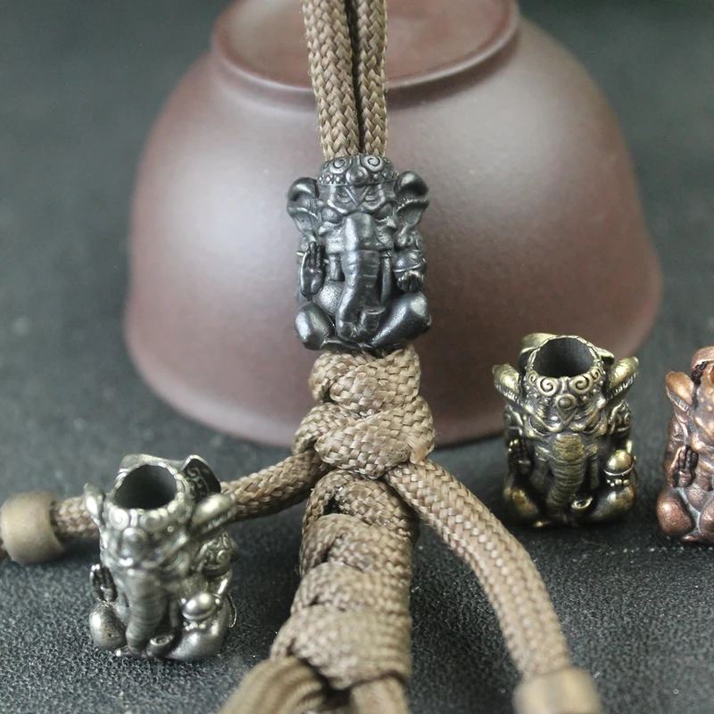 Thailand Sitting Elephant God of Wealth Brass Knife Bead EDC Outdoor DIY Woven Paracord Lanyard Charms Pendant Accessories