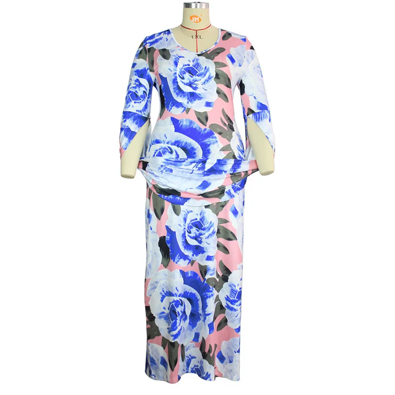 Plus Size Female Clothing U-Neck Blue Pink Botany Floral Print Robe Femme Spring Autumn Commute Three Quarter Sleeves Maxi Dress