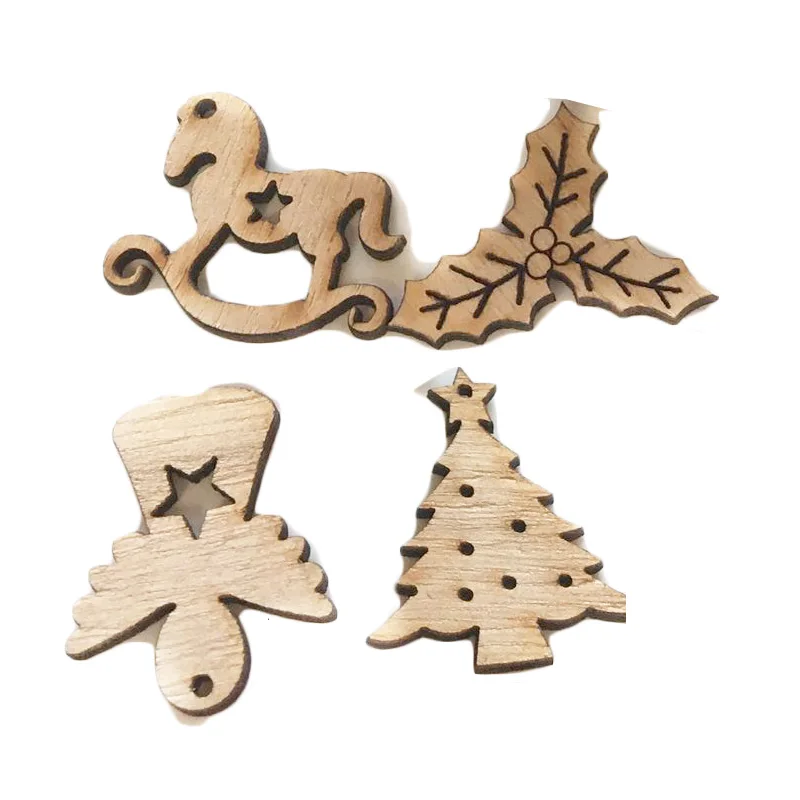 

50PCS 25-35MM Natural Wood Chip Ornaments Christmas Carve Pendant Decor with Hole Scrapbooking Embellishments DIY Crafts