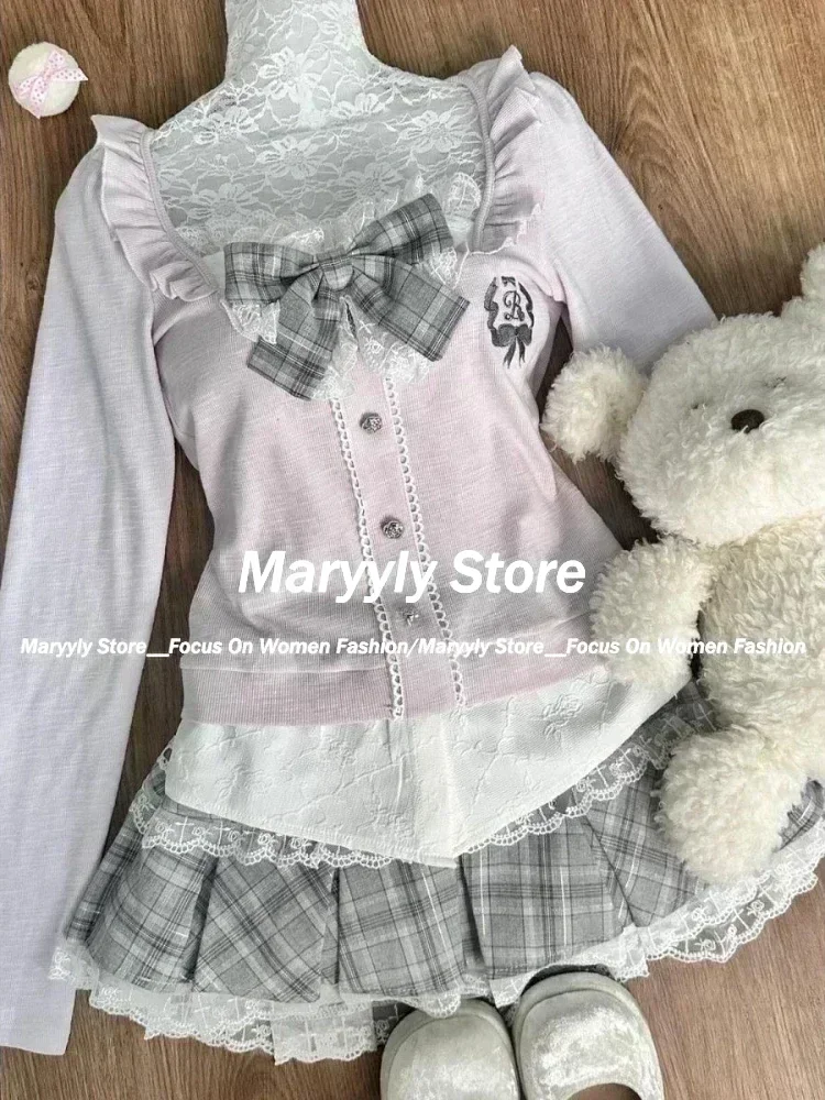 Japanese Sweet Preppy Style Skirt Set Women Kawaii Lace Patchwork Bow Tops + Y2k Plaid Mini Skirt Elegant Outifits 2 Piece Set 5