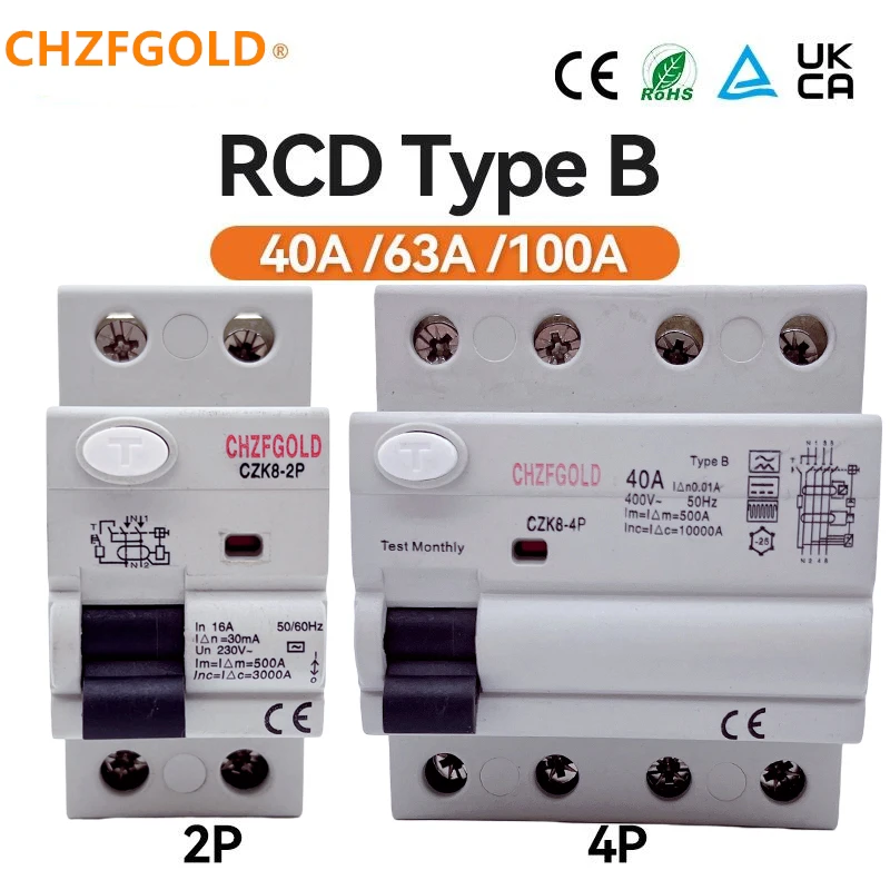 

High quality RCCB residual current circuit breaker, type b, evse 2 P4 p4p AC 40 a 63 a 100 a 30 a ek 6-100 b 10 ka rail 220V