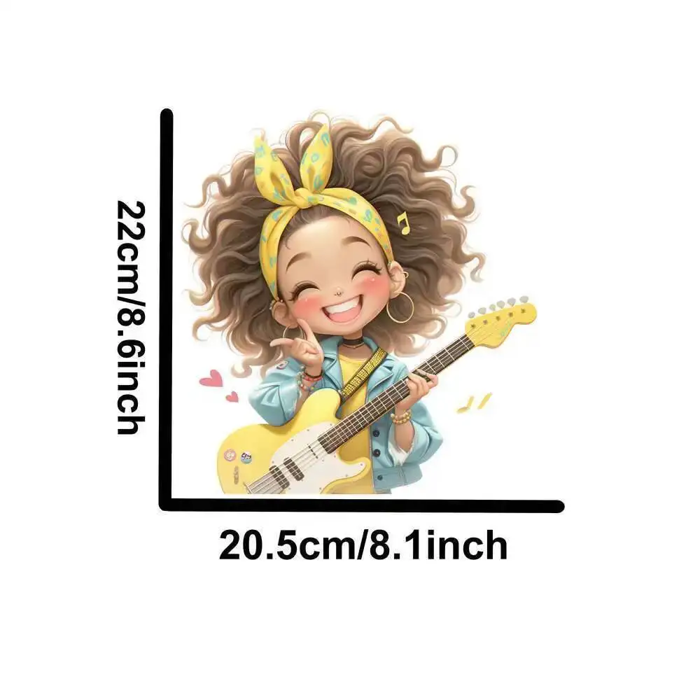 Yellow Guitar Music Girl Heat Transfer Patch - Washable Iron-On Sticker for DIY Clothing & T-Shirts