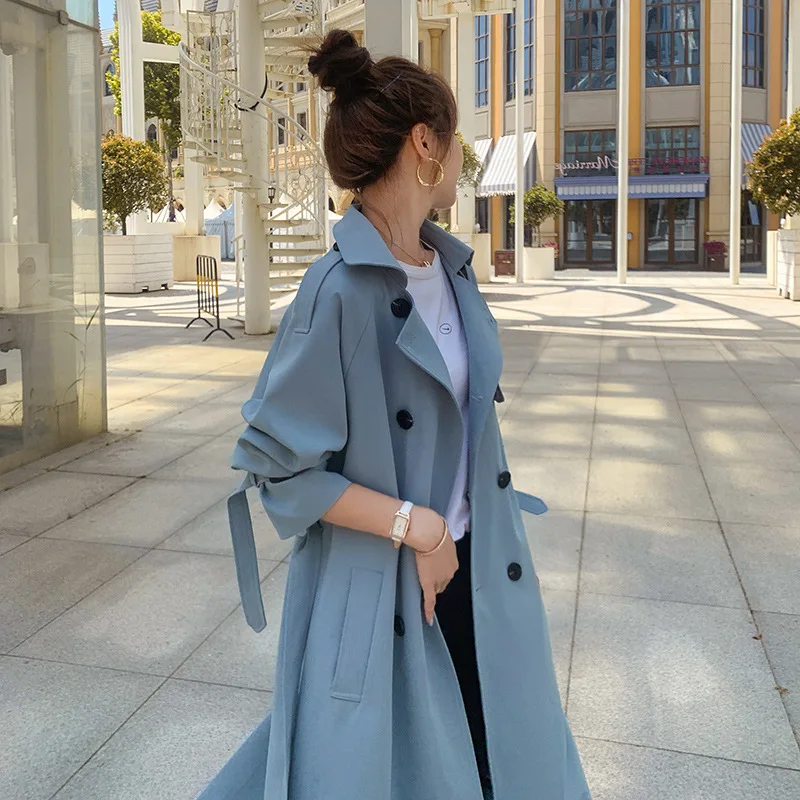 2021 Women Trench Coat Turn Down Collar Blue Long Trench Femme Women Autumn Long Coat With Belt Streetwear down parka