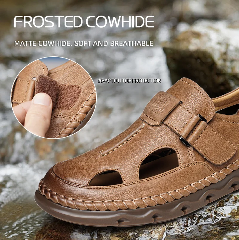 LAORENTOU summer Breathable Middle aged Baotou Hole Shoes Men's Genuine Leather Casual Anti slip Dad Leather Sandals 57513 3