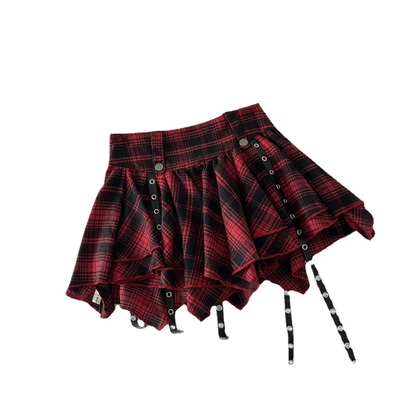 

ALIDI SC Red Punk Checkered Half Skirt Women's 2024 Early Spring High Waist A-line Skirt Spicy Girl Short Pleated Puff Skirt