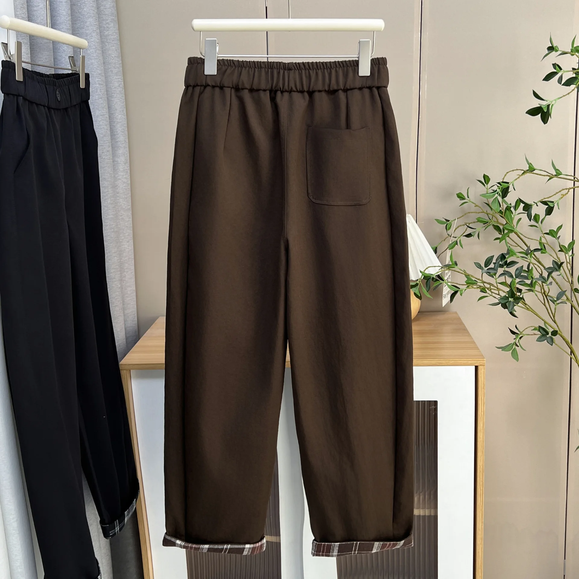 XXXXL Fashion Plus Size Women's Straight Leg Pants New Autumn rolled-up Leg Oepning Plaid Ankle-Length Trousers 2546