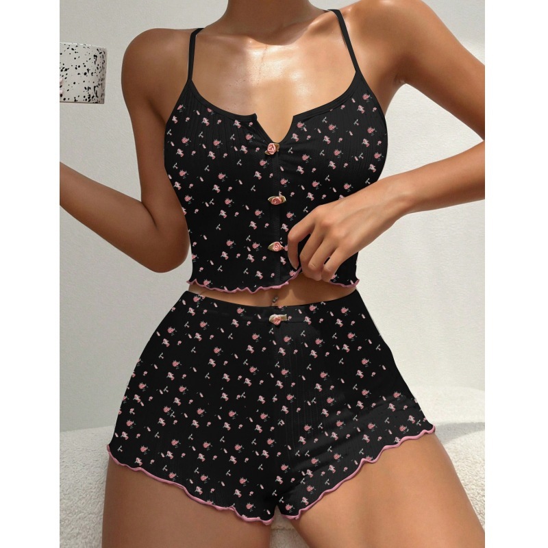 Women's Pajamas Cute Floral Printed Sexy Backless Button Camisole Top Shorts Comfortable Breathable Skin Friendly Homewear