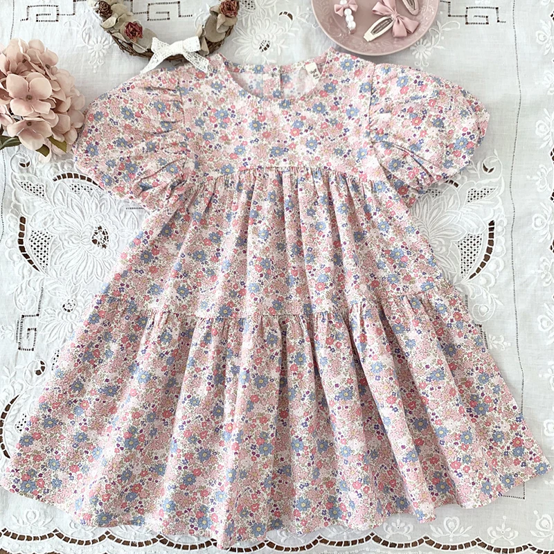 2023 Summer Neonate Flower Dresses Lantern Sleeve Floral Dress 2-7 Anni Girl Floral Princess Dress Abbigliamento Casual Per Bambini