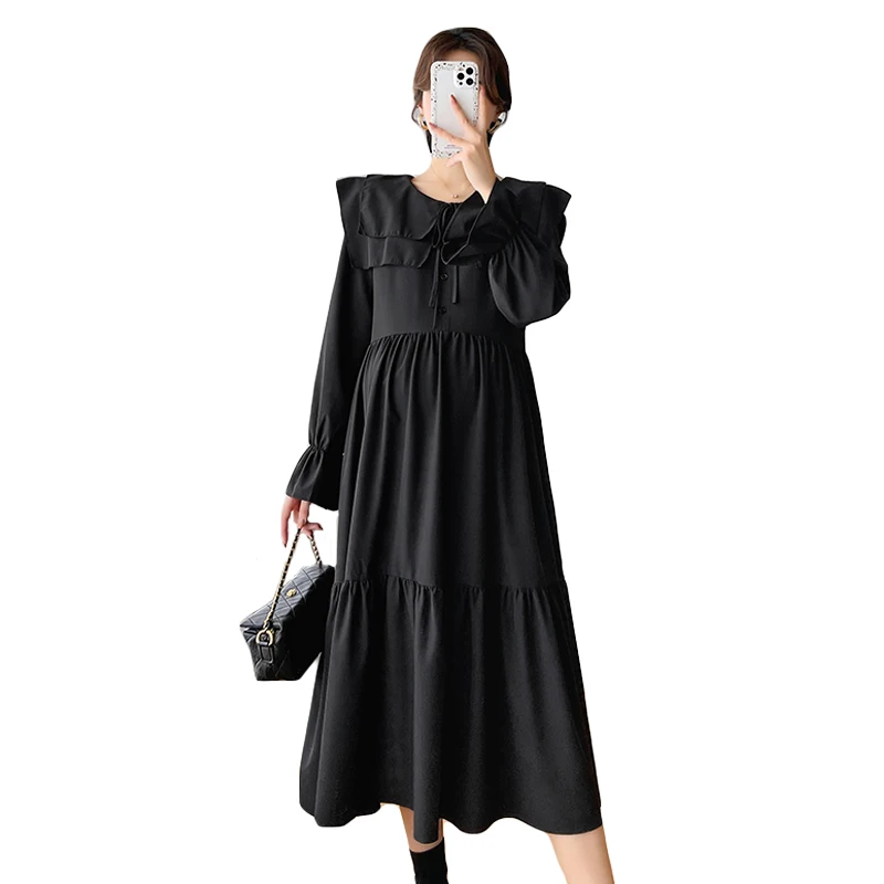 

Plus Size Pregnant Women's Dress Spring Long Flare Sleeve Sailor Maternity Loose Dress Solid Color Fashion Pregnancy Clothes