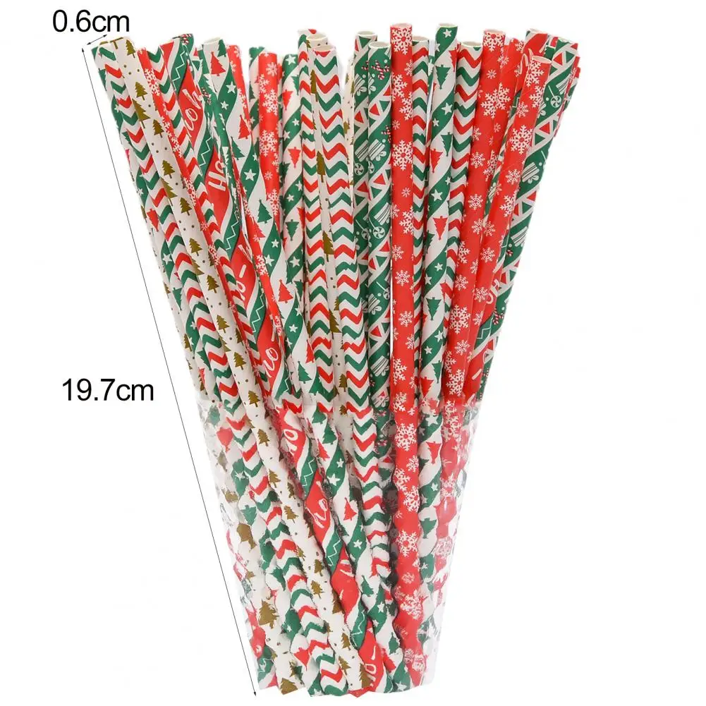 100 Pcs Paper Straws Food Grade Degradable Christmas Disposable Straws Table Decoration Snowflake Print Xmas Drinking Straw