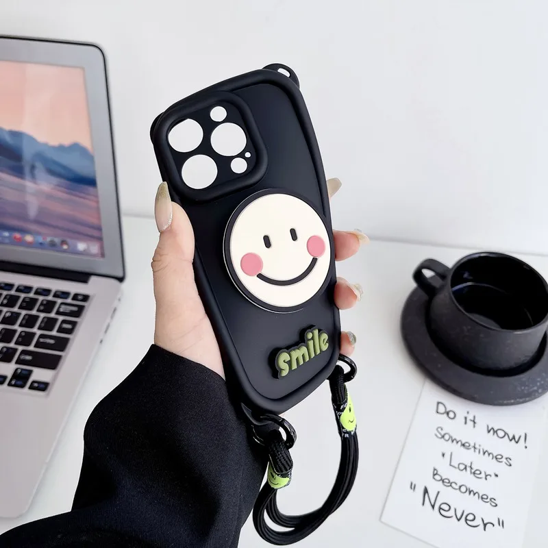 Silicone Phone Case With Smiley Face And Lanyard For Iphone_voghion.com
