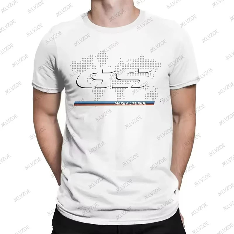 Man wearing BMW R1250GS cotton T-shirt with bold graphic in a hip hop streetwear setting white