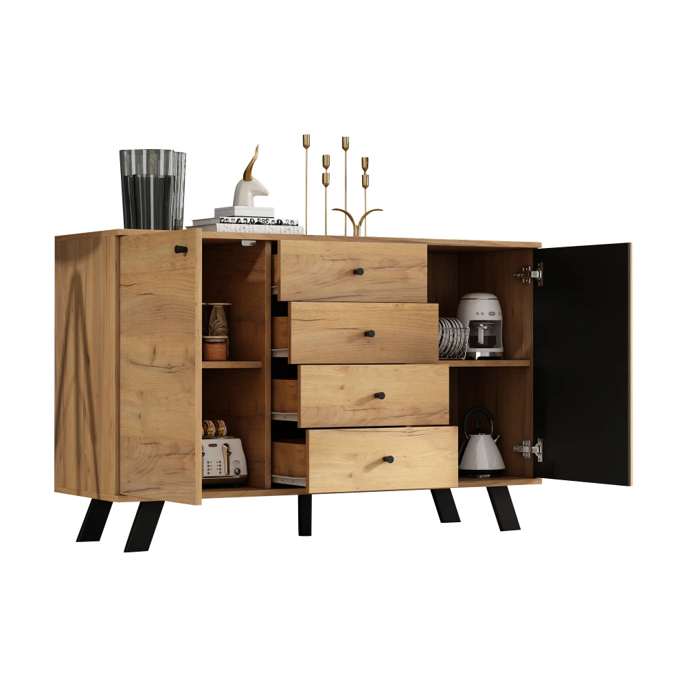 120 x 38 x 75 cm großes Wohnzimmer-Sideboard, hohler Design-Schrank mit 4 Schubladen und 5 Beinen aus Massivholz, Beistelltisch mit 2 Schränken – Detail 8