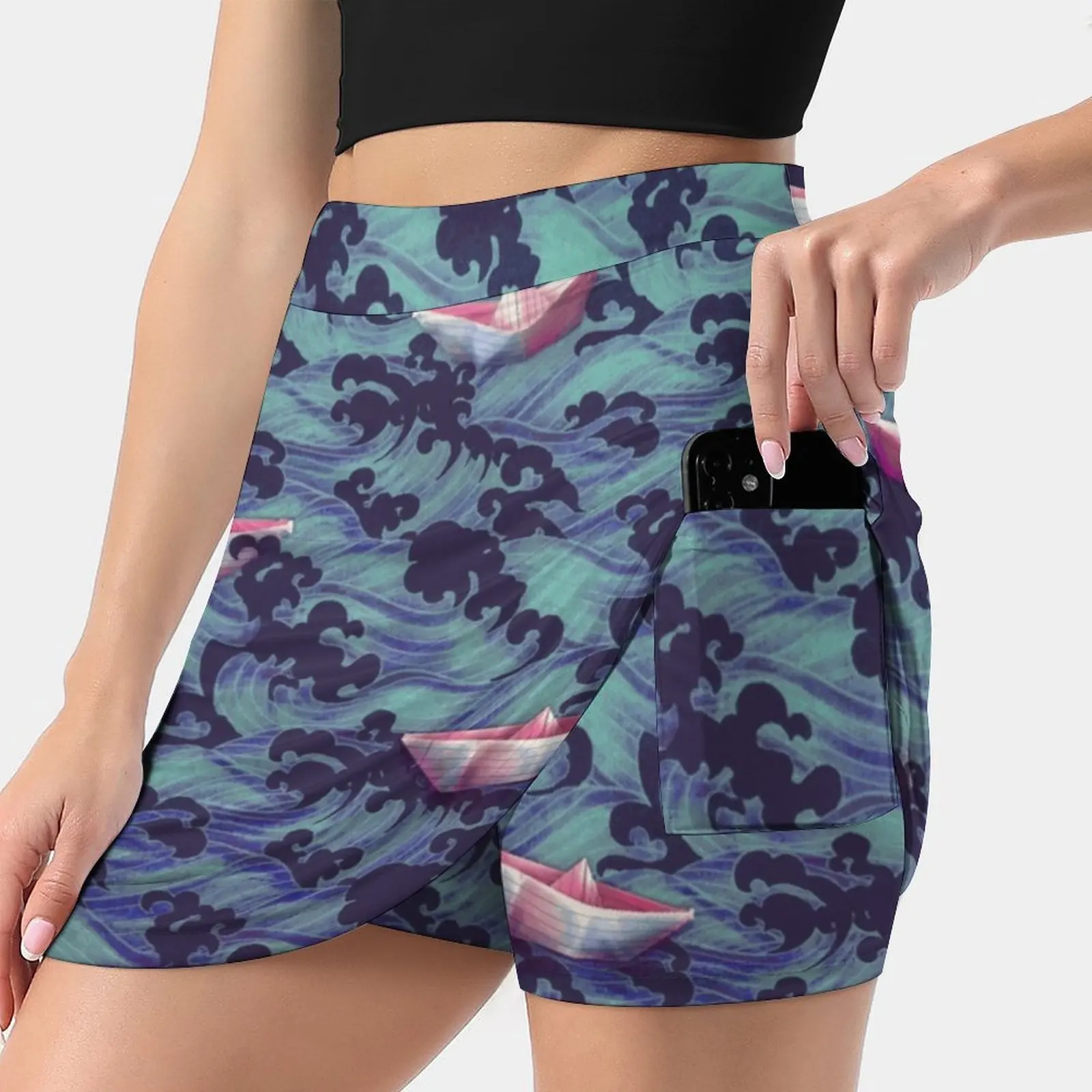 

Japanese Waves And Paper Boats Women Tennis Skirts Golf Badminton Pantskirt Sports Phone Pocket Skort Japonese Waves Paper Boat