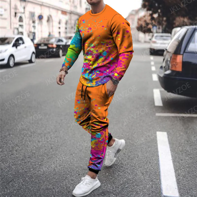 Men Casual Tracksuit For Male Sport Two Piece Trendy 3D Print Vintage Outfit Long Sleeve Shirt Trousers Sets Pants Suit Clothes