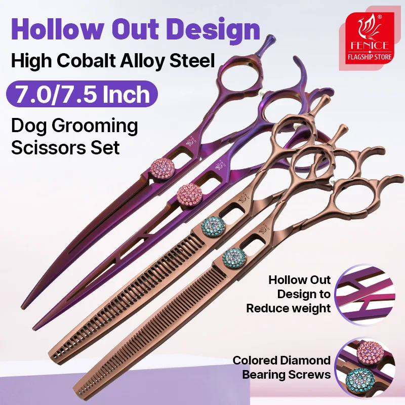 Fenice Fashion Hollow Design 7.0/7.5 Inch High Cobalt Alloy Steel Dog Grooming Scissors Set Straight&Curved&Thinning Tijeras