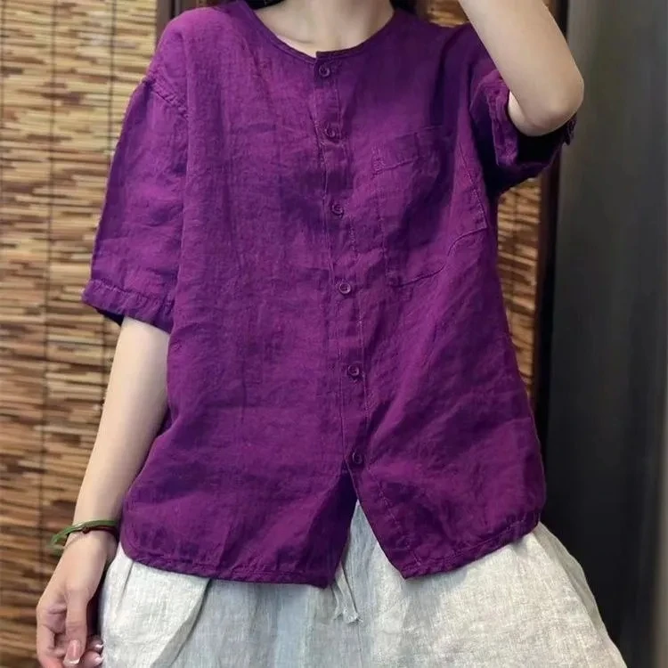 Chiffon Cotton Linen round Neck T-shirt Women Summer New Vintage Art Loose Shirt Open Cardigan Top 2025 Short Shirt For Women 2