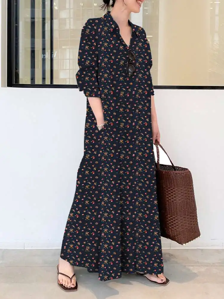 

Women Sundress Bohemian Floral Printed Long Shirt Dress ZANZEA Autumn Vintage Long Sleeve Kaftan Vestidos Casual Lapel Robe